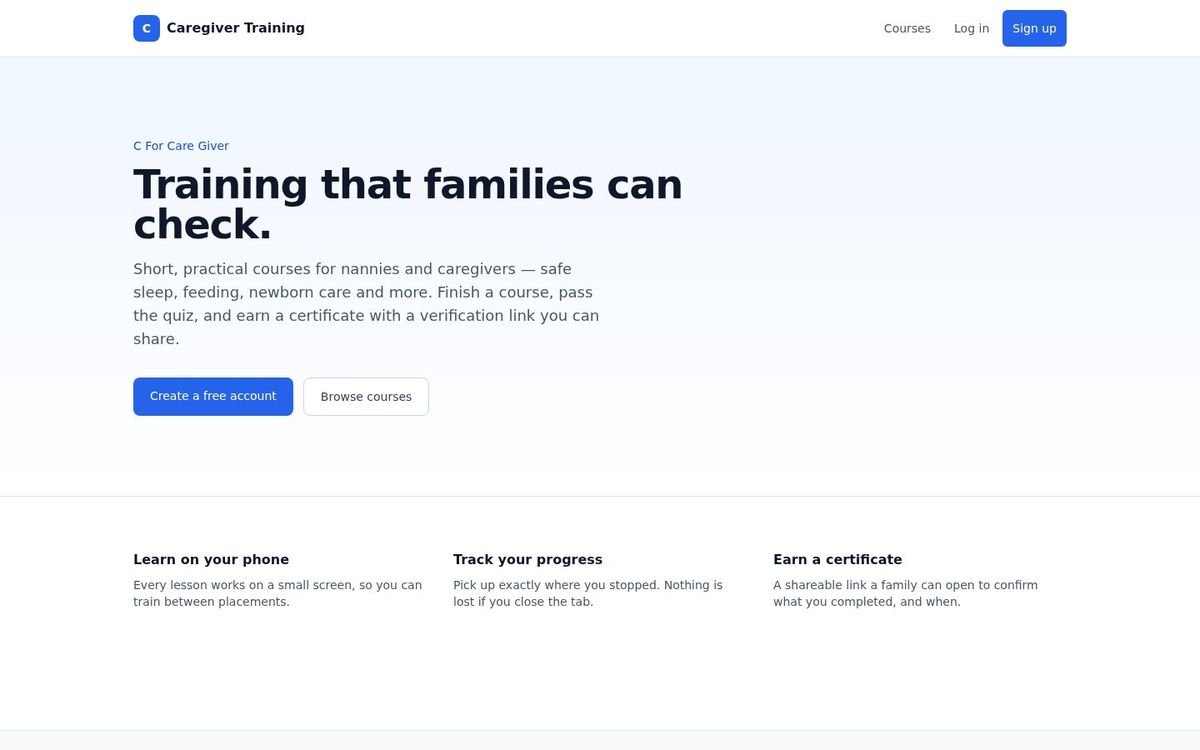 Caregiver Training Portal website screenshot
